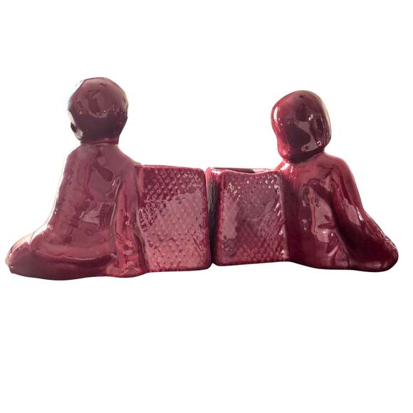 Vintage Red Glazed Ceramic Boy & Girl Planter Pair – Oriental Style Bookends - Picture 8 of 8